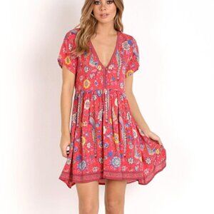 Spell & The Gypsy Collective Lovebird Half Moon Mini Dress Red Floral Birds Size